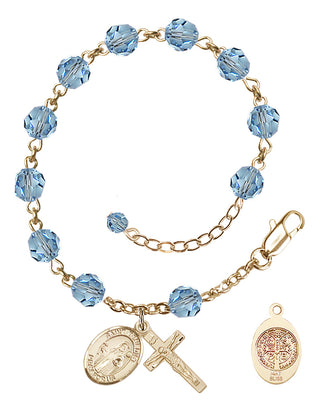 14kt Gold 6mm Austrian Crystal Saint Benedict Rosary Bracelet in Aqua Engraved Catholic Saint Jewelry