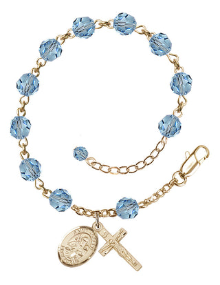 14kt Gold 6mm Austrian Crystal Saint Joseph Rosary Bracelet in Aqua Engraved Catholic Saint Jewelry