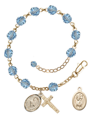14kt Gold 6mm Austrian Crystal Saint Christopher/Dance Rosary Bracelet in Aqua Engraved Catholic Saint Jewelry