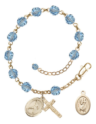 Adjustable 14 Karat Gold 6mm Austrian Crystal Saint Christopher/Football Rosary Bracelet in Aqua