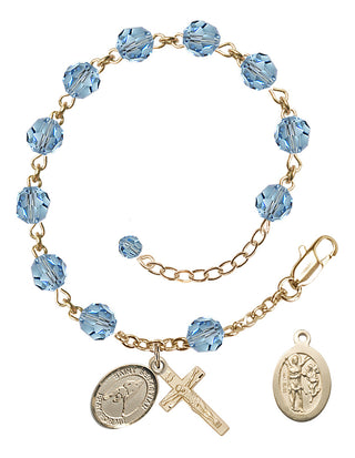 Adjustable 14 Karat Gold 6mm Austrian Crystal Saint Sebastian/Ice Hockey Rosary Bracelet in Aqua