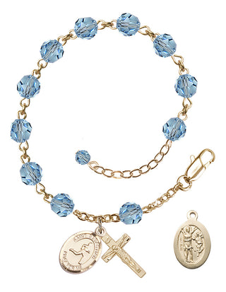 Adjustable 14 Karat Gold 6mm Austrian Crystal Saint Sebastian/Track & Field Rosary Bracelet in Aqua