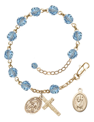 14kt Gold 6mm Austrian Crystal Saint Christopher / Field Hockey Rosary Bracelet in Aqua Engraved Catholic Saint Jewelry