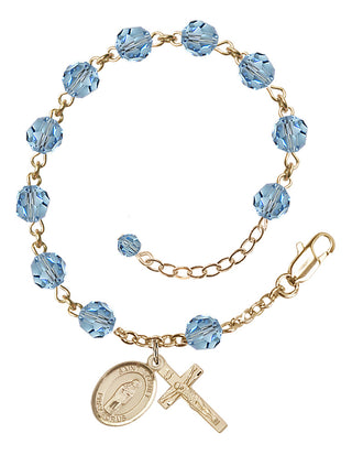 14kt Gold 6mm Austrian Crystal Saint Samuel Rosary Bracelet in Aqua Engraved Catholic Saint Jewelry