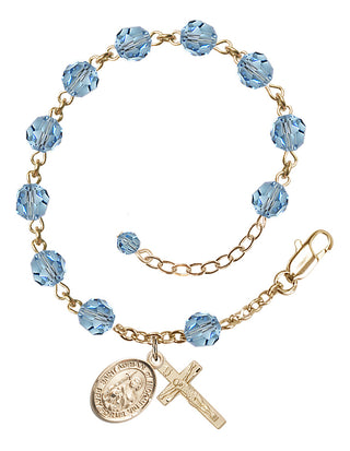 14kt Gold 6mm Austrian Crystal Saint Adrian of Nicomedia Rosary Bracelet in Aqua Engraved Catholic Saint Jewelry