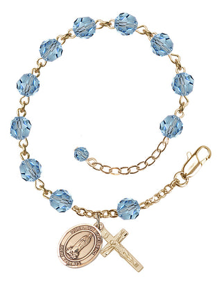 14kt Gold 6mm Austrian Crystal Our Lady of Kibeho Rosary Bracelet in Aqua Engraved Catholic Saint Jewelry
