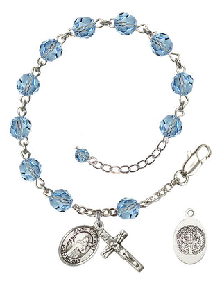 Sterling Silver 6mm Austrian Crystal Saint Benedict Rosary Bracelet in Aqua Engraved Catholic Saint Jewelry