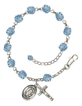 Sterling Silver 6mm Austrian Crystal Saint Hubert of Liege Rosary Bracelet in Aqua Engraved Catholic Saint Jewelry