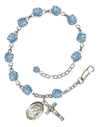 Sterling Silver 6mm Austrian Crystal Saint Isidore of Seville Rosary Bracelet in Aqua Engraved Catholic Saint Jewelry