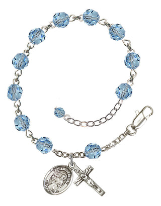 Sterling Silver 6mm Austrian Crystal Saint Matthew the Apostle Rosary Bracelet in Aqua Engraved Catholic Saint Jewelry