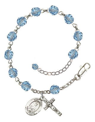 Sterling Silver 6mm Austrian Crystal Saint Louis Rosary Bracelet in Aqua Engraved Catholic Saint Jewelry