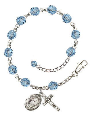 Sterling Silver 6mm Austrian Crystal Saint Bonaventure Rosary Bracelet in Aqua Engraved Catholic Saint Jewelry