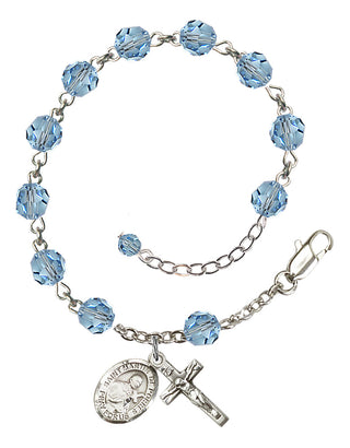 Sterling Silver 6mm Austrian Crystal Saint Martin de Porres Rosary Bracelet in Aqua Engraved Catholic Saint Jewelry