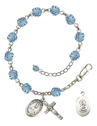 Sterling Silver 6mm Austrian Crystal Scapular Rosary Bracelet in Aqua Engraved Catholic Saint Jewelry