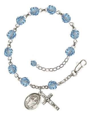 Sterling Silver 6mm Austrian Crystal Saint Stanislaus Rosary Bracelet in Aqua Engraved Catholic Saint Jewelry