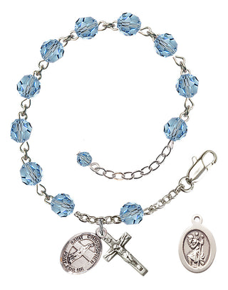 Adjustable Sterling Silver 6mm Austrian Crystal Saint Christopher/Volleyball Rosary Bracelet in Aqua