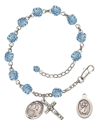Adjustable Sterling Silver 6mm Austrian Crystal Saint Christopher/Football Rosary Bracelet in Aqua