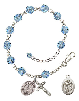Adjustable Sterling Silver 6mm Austrian Crystal Saint Sebastian/Football Rosary Bracelet in Aqua