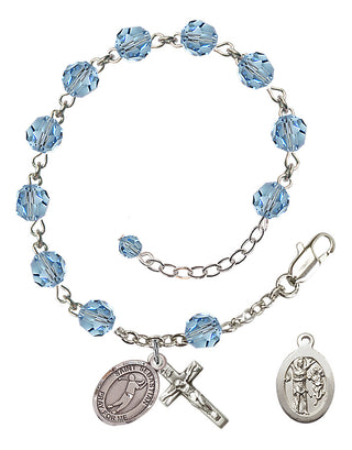 Adjustable Sterling Silver 6mm Austrian Crystal Saint Sebastian/Golf Rosary Bracelet in Aqua