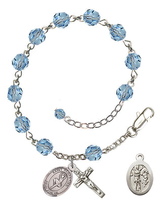 Sterling Silver 6mm Austrian Crystal Saint Sebastian/Dance Rosary Bracelet in Aqua Engraved Catholic Saint Jewelry