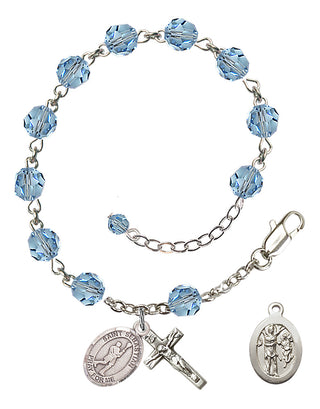 Adjustable Sterling Silver 6mm Austrian Crystal Saint Sebastian/Lacrosse Rosary Bracelet in Aqua
