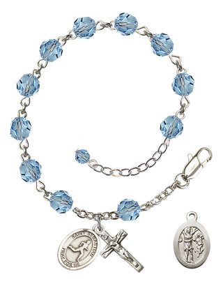 Adjustable Sterling Silver 6mm Austrian Crystal Saint Sebastian/Track & Field Rosary Bracelet in Aqua