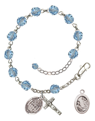 Sterling Silver 6mm Austrian Crystal Saint Cecilia / Choir Rosary Bracelet in Aqua Engraved Catholic Saint Jewelry