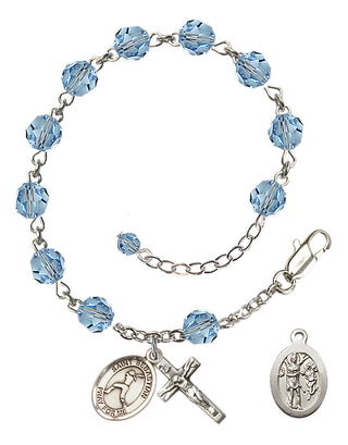 Sterling Silver 6mm Austrian Crystal Saint Sebastian/Softball Rosary Bracelet in Aqua Engraved Catholic Saint Jewelry