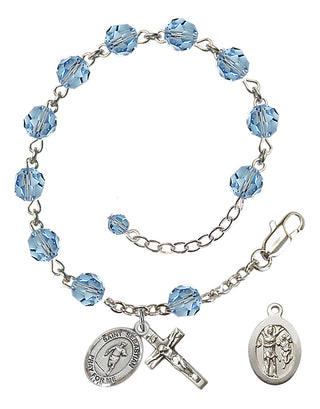 Adjustable Sterling Silver 6mm Austrian Crystal Saint Sebastian / Rugby Rosary Bracelet in Aqua