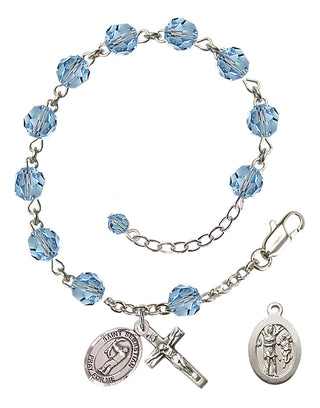 Adjustable Sterling Silver 6mm Austrian Crystal Saint Sebastian / Archery Rosary Bracelet in Aqua