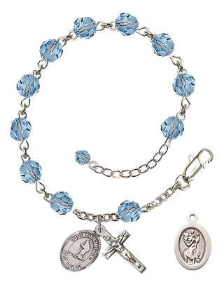 Adjustable Sterling Silver 6mm Austrian Crystal Saint Christopher / Skiing Rosary Bracelet in Aqua