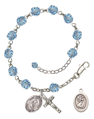 Adjustable Sterling Silver 6mm Austrian Crystal Saint Christopher / Rugby Rosary Bracelet in Aqua