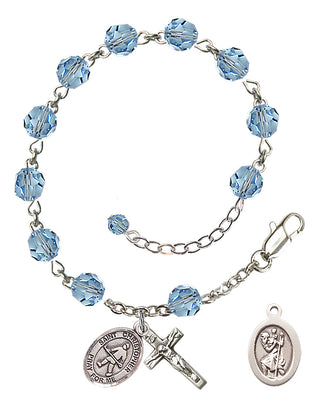 Sterling Silver 6mm Austrian Crystal Saint Christopher / Field Hockey Rosary Bracelet in Aqua Engraved Catholic Saint Jewelry