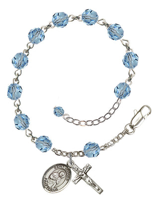 Sterling Silver 6mm Austrian Crystal Saint Isaac Jogues Rosary Bracelet in Aqua Engraved Catholic Saint Jewelry