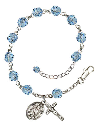 Sterling Silver 6mm Austrian Crystal Our Lady of Hope Rosary Bracelet in Aqua Engraved Catholic Saint Jewelry
