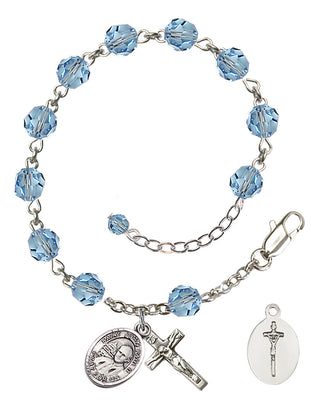 Adjustable Sterling Silver 6mm Austrian Crystal Saint John Paul II Rosary Bracelet in Aqua