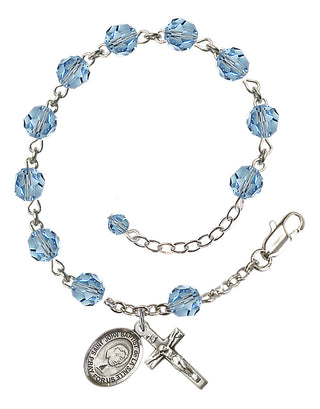 Sterling Silver 6mm Austrian Crystal Saint John Baptist de la Salle Rosary Bracelet in Aqua Engraved Catholic Saint Jewelry