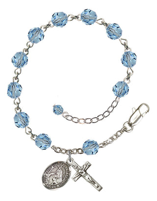 Sterling Silver 6mm Austrian Crystal Saint Margaret of Cortona Rosary Bracelet in Aqua Engraved Catholic Saint Jewelry