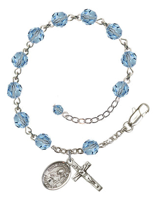 Sterling Silver 6mm Austrian Crystal Saint Malachy O'More Rosary Bracelet in Aqua Engraved Catholic Saint Jewelry
