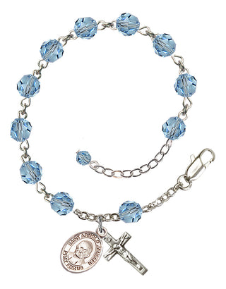 Sterling Silver 6mm Austrian Crystal Saint Arnold Janssen Rosary Bracelet in Aqua Engraved Catholic Saint Jewelry