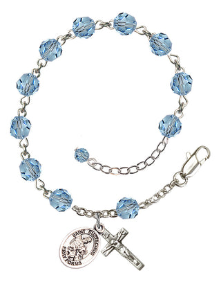 Sterling Silver 6mm Austrian Crystal Saint Eustachius Rosary Bracelet in Aqua Engraved Catholic Saint Jewelry