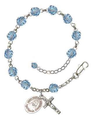 Sterling Silver 6mm Austrian Crystal Saint Pauline Visintainer Rosary Bracelet in Aqua Engraved Catholic Saint Jewelry