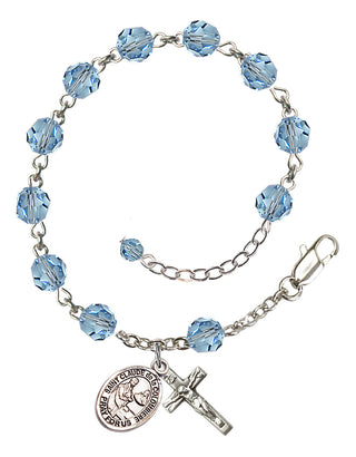 Sterling Silver 6mm Austrian Crystal Saint Claude de la Colombiere Rosary Bracelet in Aqua Engraved Catholic Saint Jewelry