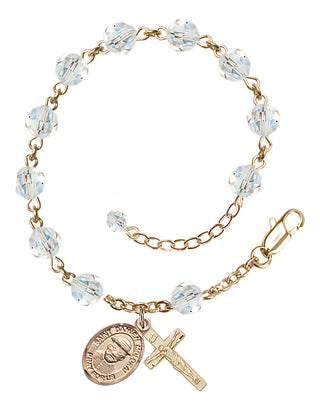14kt Gold 6mm Austrian Crystal Saint Damien of Molokai Rosary Bracelet in Crystal Engraved Catholic Saint Jewelry