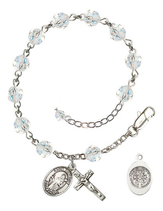 Sterling Silver 6mm Austrian Crystal Saint Benedict Rosary Bracelet in Crystal Engraved Catholic Saint Jewelry
