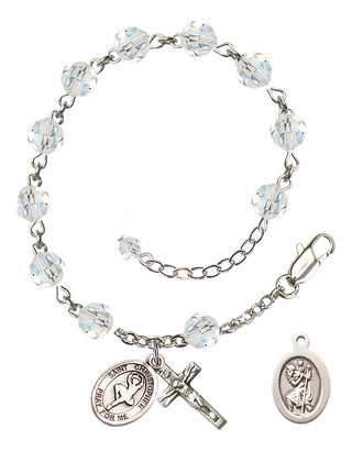 Sterling Silver 6mm Austrian Crystal Saint Christopher/Dance Rosary Bracelet in Crystal Engraved Catholic Saint Jewelry