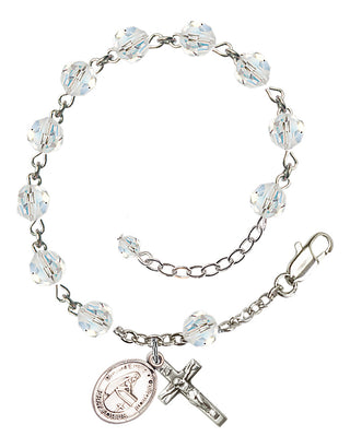 Sterling Silver 6mm Austrian Crystal Bl. Emilee Doultremont Rosary Bracelet in Crystal Engraved Catholic Saint Jewelry