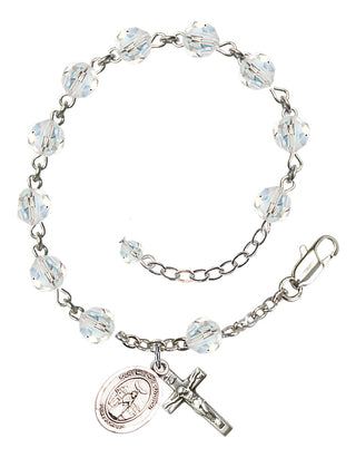 Sterling Silver 6mm Austrian Crystal Saint Medard of Noyon Rosary Bracelet in Crystal Engraved Catholic Saint Jewelry