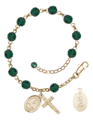 14kt Gold-Filled 6mm Austrian Crystal Scapular Rosary Bracelet in Emerald Engraved Catholic Saint Jewelry