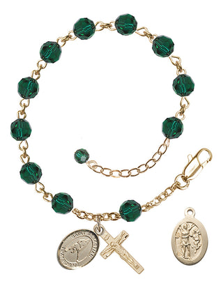 Adjustable 14 Karat Gold-Filled 6mm Austrian Crystal Saint Sebastian/Ice Hockey Rosary Bracelet in Emerald